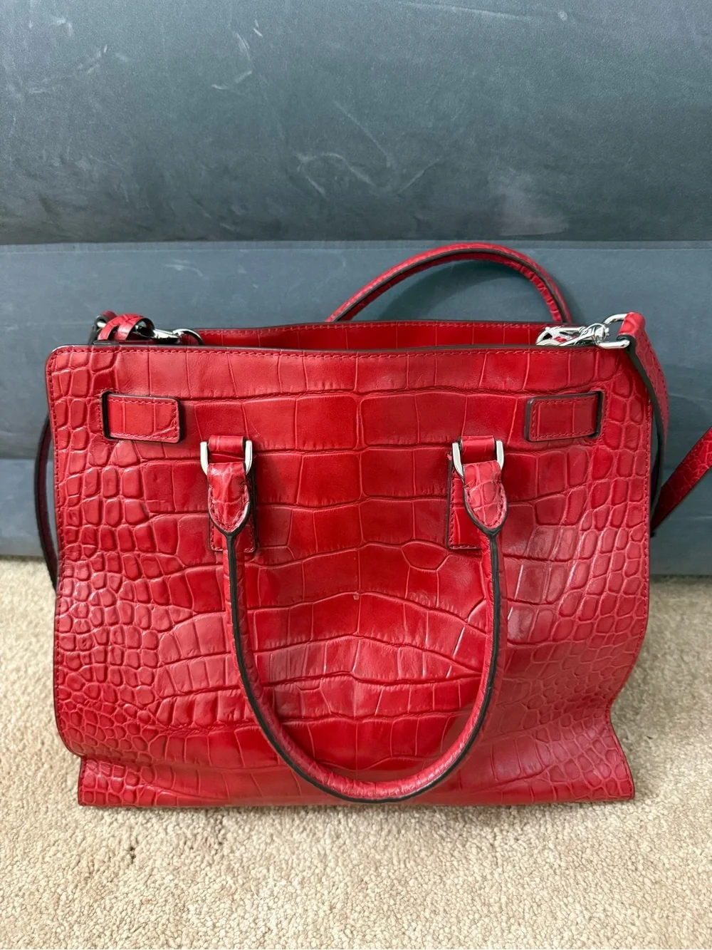 Michael Kors Red Croc-Embossed Leather Tote Bag